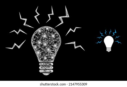 Shiny web model ultraviolet bulb with glowing spots. Wire frame 2D network generated with crossed white lines and ultraviolet bulb icon.