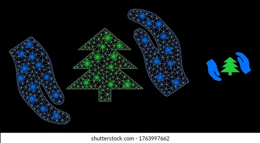 Shiny web net Tanne Pflege Hände mit Lichtflecken. Illuminiertes Vektor 2d-Modell, erstellt aus Tanne Baum Pflege Hände Symbol. Sparkasse Masche Polygonal Tannenbaumpflege Hände.