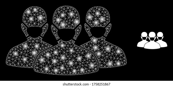 Shiny web net mask people group with light spots. Illuminated vector 2d constellation created from mask people group icon. Sparkle carcass mesh polygonal mask people group.
