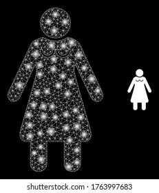 Shiny web net old woman with light spots. Illuminated vector 2d model created from old woman icon. Sparkle carcass mesh polygonal old woman. Wire carcass 2D mesh in vector format, lines,