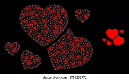 Shiny web net romantic hearts with light spots. Illuminated vector 2d model created from romantic hearts icon. Sparkle frame mesh polygonal romantic hearts. Wire frame 2D mesh in vector EPS format,