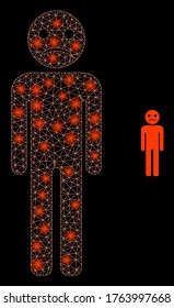 Shiny web net sad person with glowing spots. Illuminated vector 2d model created from sad person icon. Sparkle frame mesh polygonal sad person. Linear frame 2D mesh in vector EPS format, lines,