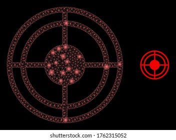 Shiny web network bulls eye with lightspots. Illuminated vector 2d constellation created from bulls eye icon. Sparkle carcass mesh polygonal bulls eye. Wire carcass 2D mesh in eps10 vector format,