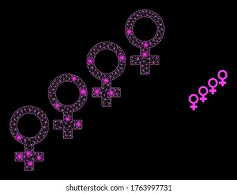 Shiny web network female cohort symbol with lightspots. Illuminated vector 2d constellation created from female cohort symbol icon. Sparkle frame mesh polygonal female cohort symbol.