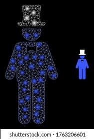 Shiny web network gentleman with light spots. Illuminated vector 2d constellation created from gentleman icon. Sparkle carcass mesh polygonal gentleman.