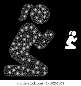 Shiny web network praying girl with light spots. Illuminated vector 2d constellation created from praying girl icon. Sparkle frame mesh polygonal praying girl. Wire frame 2D network in vector format,