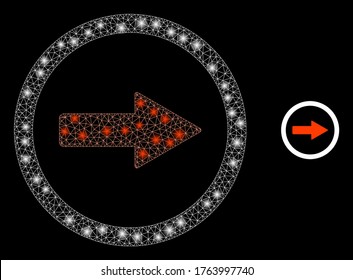 Shiny web network rounded right arrow with light spots. Illuminated vector 2d model created from rounded right arrow icon. Sparkle carcass mesh polygonal rounded right arrow.