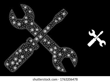 Shiny web network screwdriver and wrench with glowing spots. Illuminated vector 2d constellation created from screwdriver and wrench icon. Sparkle carcass mesh polygonal screwdriver and wrench.