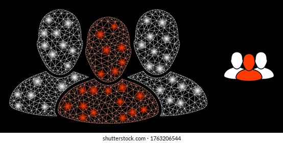 Shiny web network user group with lightspots. Illuminated vector 2d constellation created from user group icon. Sparkle carcass mesh polygonal user group. Wire carcass 2D network in vector format,
