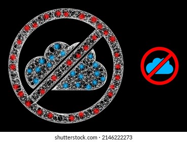 Shiny web no cloud with light spots. Linear frame flat mesh generated from crossing white lines and no cloud icon. White mesh and sparkle frame mesh no cloud on a black background.