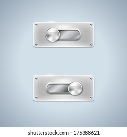 Shiny web slider in two positions on metal background. Place for your own text or icons. Vector illustration.