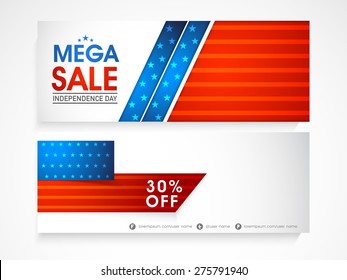 Shiny website header or banner set of Mega Sale with 30% discount offer on occasion of American Independence Day celebration.