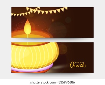 Shiny website header or banner set with illuminated oil lit lamp for Indian Festival of Lights, Happy Diwali celebration.