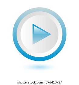 Shiny white blue play button with shadow on white background, vector illustration