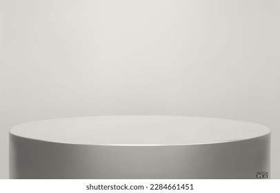 Shiny white color round pedestal  on studio  backdrops. Silver  Blank display or clean room for showing product. Minimalist mockup for podium display or showcase. 3D vector illustration.