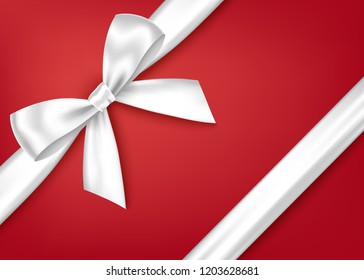 Shiny white decorative  gift ribbon and bow for decor of corner. Holiday decoration isolated on red background. Vector design  element  for banner, greeting card, poster.