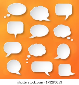 Shiny white paper bubbles for speech on an orange background. Abstract design. Vector illustration.  