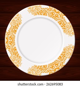 Shiny white plate with golden ornament. Vector image can be used for food menu or posters design, web or other crafts.