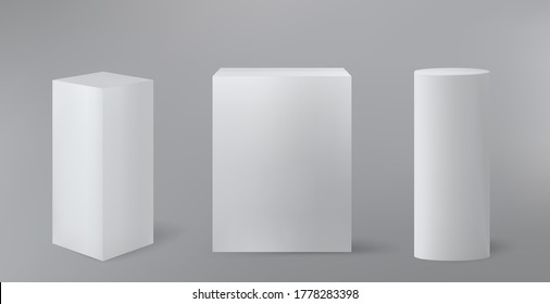 Shiny white round box museum pedestal podium, paper package pack. 3d concept illuminated pedestal by spotlights on gray background. Futuristic background. Can be used on banners, web. Vector EPS 10.