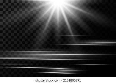 Shiny white, sun star light effect vector illustration isolated on transparent background