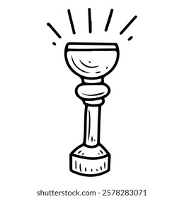 Shiny winner cup. Hand drawn doodle illustration. Prize, trophy. Award for victory in sports games. Ceremonial presentation of a memorable object. Win. Metallic. Vector line art.