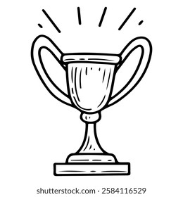 Shiny winner cup. Hand drawn doodle illustration. Award for victory in sports games. Ceremonial presentation of a memorable object. Prize, trophy. Win. Metallic. Vector line art.