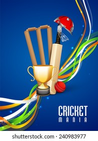 Shiny winning trophy with bat, ball, wicket stumps, helmet and national tricolor stripes on blue background for Cricket Mania.