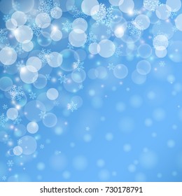 Shiny winter sky background with bokeh lights and beautiful falling snowflakes. Vector illustration.