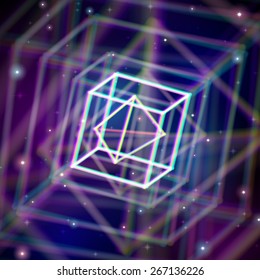 Shiny wired crystal structure with color aberrations in space