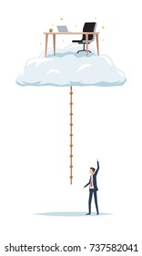 a shiny work desk above the cloud with rope and a businessman with a victory pose