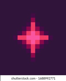 Shiny wye on purple, pixelated light or squared star, equipment of pixel game, laser award, squared spider, space equipment, ultraviolet trophy vector, pixelated cosmic object for mobile app games