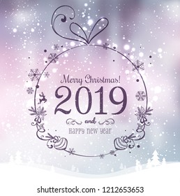 Shiny Xmas ball for Merry Christmas 2019 and New Year on holidays background with winter landscape with snowflakes, light, stars. Vector Illustration. Xmas card
