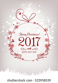 Shiny Xmas ball for Merry Christmas 2017 and New Year on light background with winter landscape with snowflakes, light, stars. Holiday card. Vector eps illustration