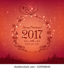 Shiny Xmas ball for Merry Christmas 2017 and New Year on red background with winter landscape with snowflakes, light, stars. Holiday card. Vector eps illustration