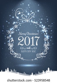 Shiny Xmas ball for Merry Christmas 2017 and New Year ond dark background with winter landscape with snowflakes, light, stars. Holiday card. Vector eps illustration