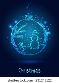 Shiny Xmas ball with snowman for Merry Christmas celebration on dark blue background with light. Hand drawn. Vector eps illustration