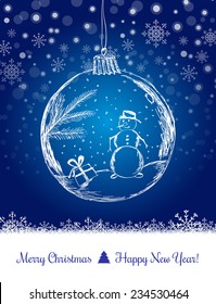 Shiny Xmas ball with snowman for Merry Christmas celebration on dark blue background with snowflakes. Hand drawn. Vector eps illustration