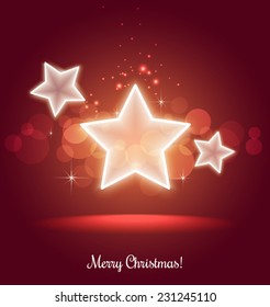 Shiny Xmas stars for Merry Christmas celebration on dark red background with light dots, stars, bokeh. Vector eps illustration