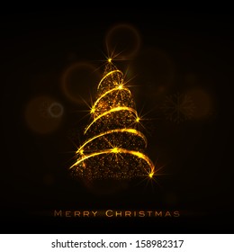 Un brillante árbol de Navidad sobre fondo negro para la celebración de Feliz Navidad, puede ser usado como cartel, volante o afiche. 