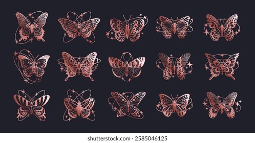 Shiny y2k butterflies. Cartoon abstract y2k aesthetic flying insect, glisten foil butterfly silhouettes flat vector illustration. Butterfly decor collection