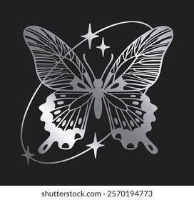 Shiny y2k butterfly. Silver abstract y2k aesthetic flying insect, butterfly silhouette with oval shapes, stars and sparkles decor flat vector illustration. Cartoon butterfly