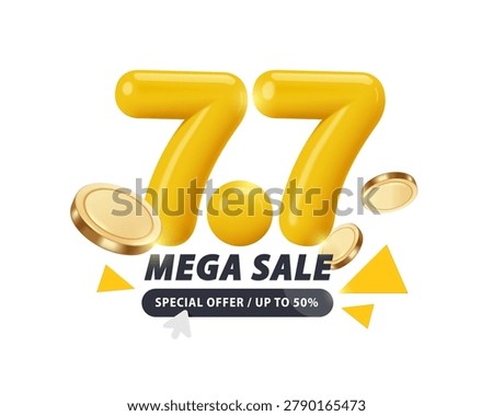 Shiny yellow 3D number 7.7, gold or dollar coin floats in mid-air accompanied by black banner promoting Mega sale special offer up to 50% off all in center, vector 3d isolated for advertising design