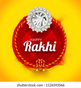 Shiny yellow background with beautiful rakhi (wristband) made by stones for Happy Rakhi celebration.