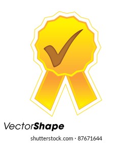 Shiny yellow badge with check mark, vector illustration