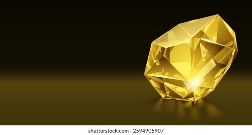 Shiny yellow crystal with facets that catch and refract the light, set against a dark background.