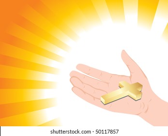 shiny yellow rays background with golden cross on hand