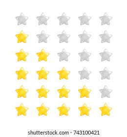 Shiny yellow star rating. Volumetric icon set. Isolated elements on white background. Vector illustration.