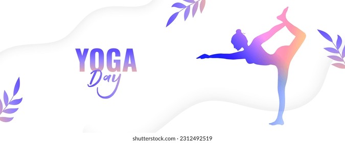 shiny yoga day event banner with posture and leaves design vector