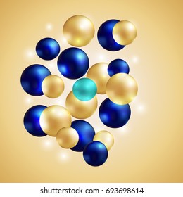 shiny,golden abstract background with  realistic golden and blue balls.3D effect