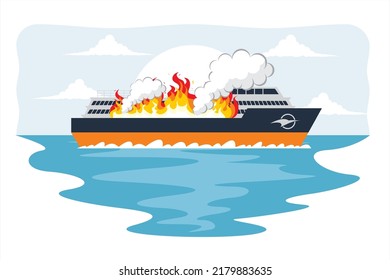 Ship accident. Illustration of a burning ship. Fire crew cruise ship